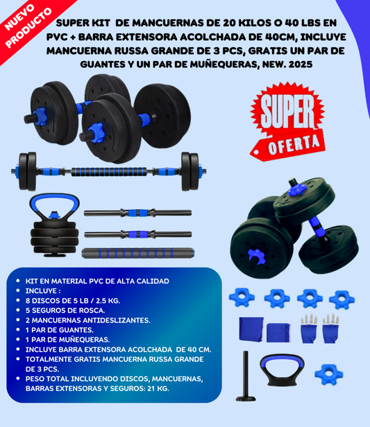 KIT MANCUERNAS 20KG 8 DISCOS +MANC. RUSA